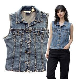 Bill Blass Denim Vest Womens Size Medium Frog Closure Grunge Preppy Hipster Vtg
